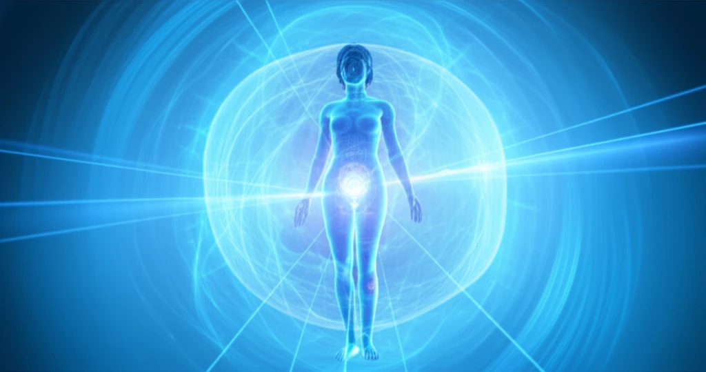 Glowing blue energy surrounding a woman, symbolizing bladder health and treatment options.
