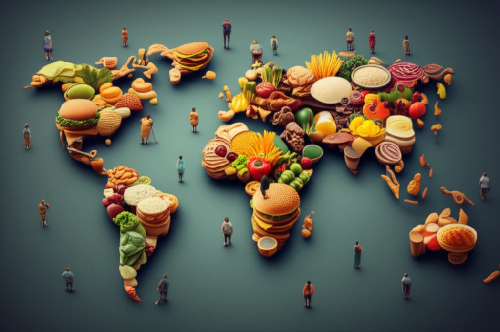Global obesity epidemic visualized as a world map made of food.