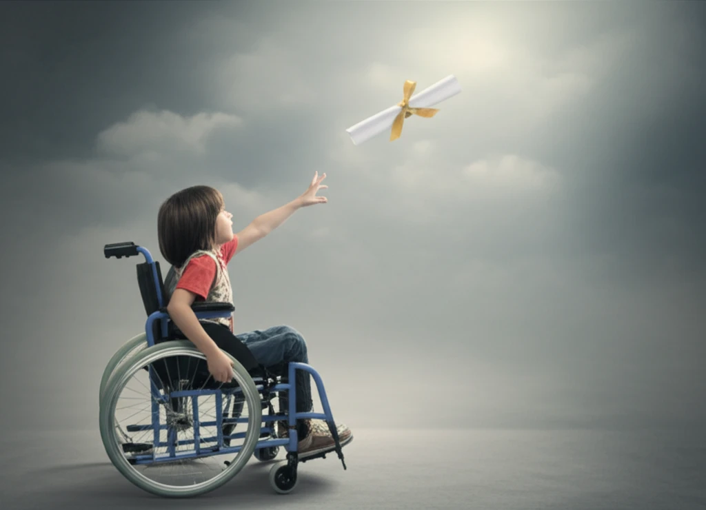 Child in wheelchair reaching for diploma, representing overcoming educational barriers.