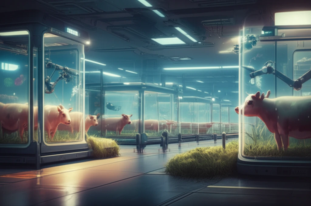 Futuristic farm with advanced biosecurity measures.