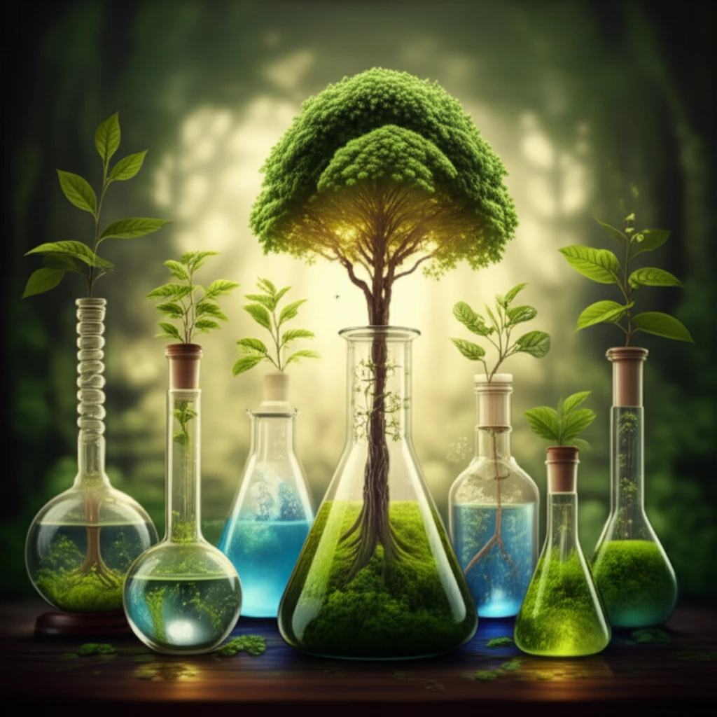 Sustainable chemistry: A forest growing from chemical beakers.