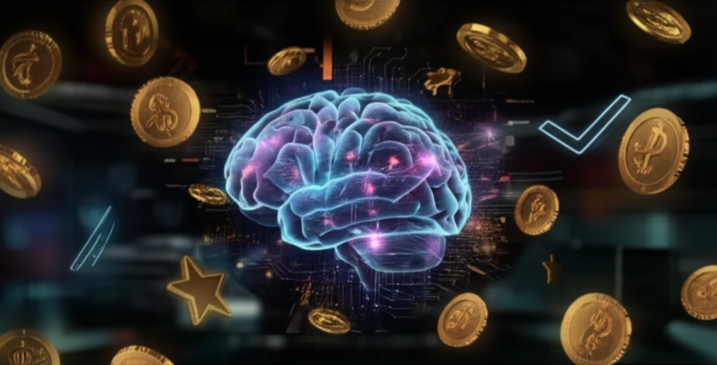 Brain with glowing circuits and reward symbols