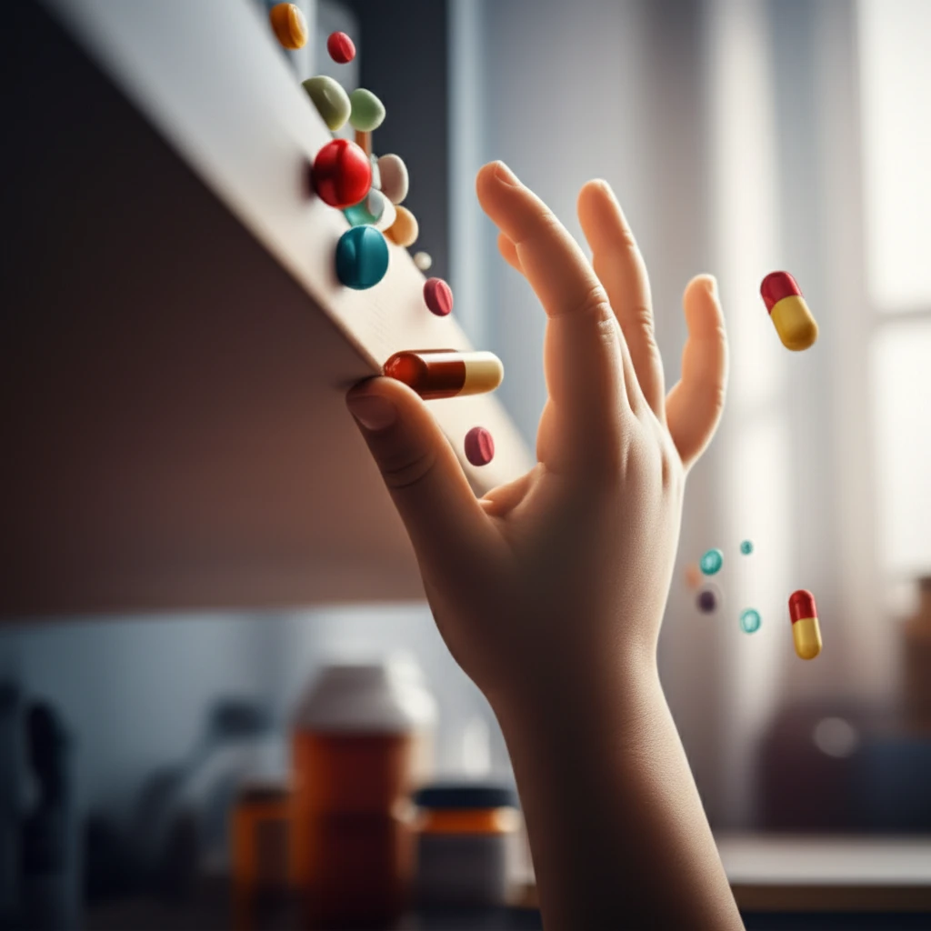 Child reaching for pills on a high shelf, symbolizing the dangers of accidental medication ingestion.