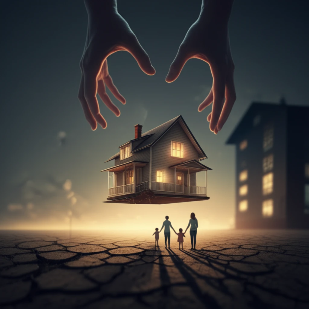A surreal illustration depicting the fragility of a family facing eviction, with the shadow of a foster care system looming.