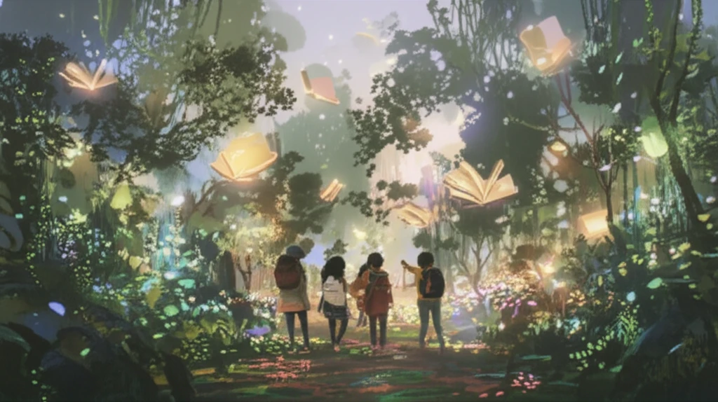 Students exploring a magical forest filled with floating books, representing the adventure of outdoor learning.