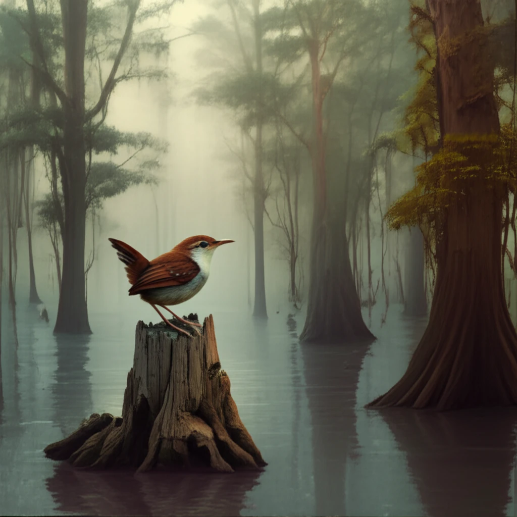 Rail babbler perched on a tree stump in a flooded forest, symbolizing habitat loss due to dam construction.