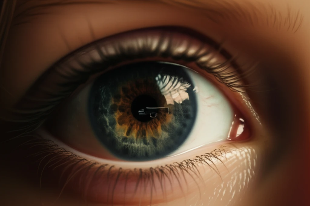 Child's eye reflecting a toy gun, symbolizing the risk of eye injuries.