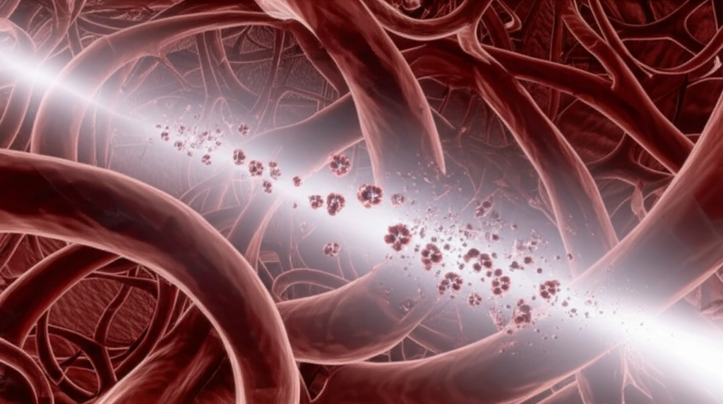 Abstract representation of D-dimer molecules dissolving under Omalizumab treatment.