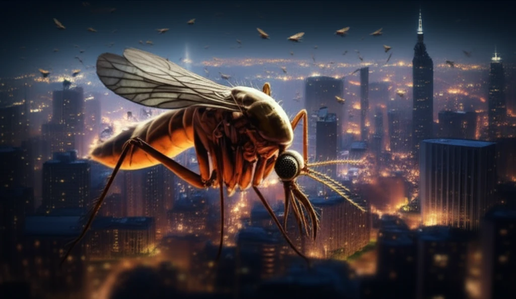 Sandflies swarming a cityscape, illustrating the urban health threat of leishmaniasis.