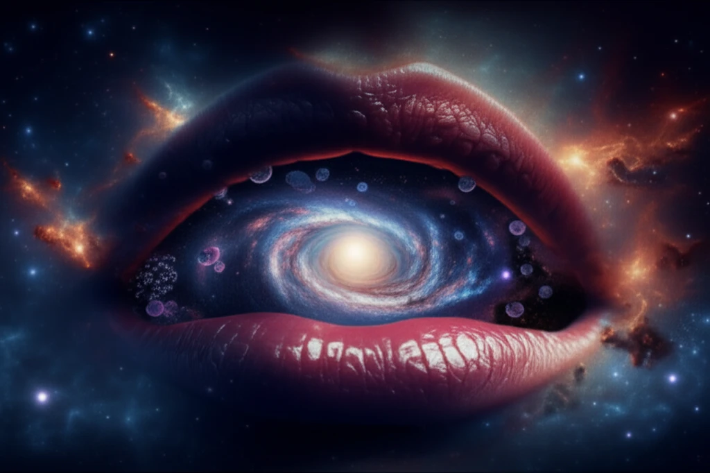 Surreal image of a mouth with a galaxy inside, symbolizing the oral microbiome and its potential link to oral cancer.