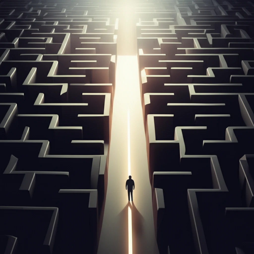 A maze representing the complexities of Huntington's disease, with a single illuminated path leading towards hope.