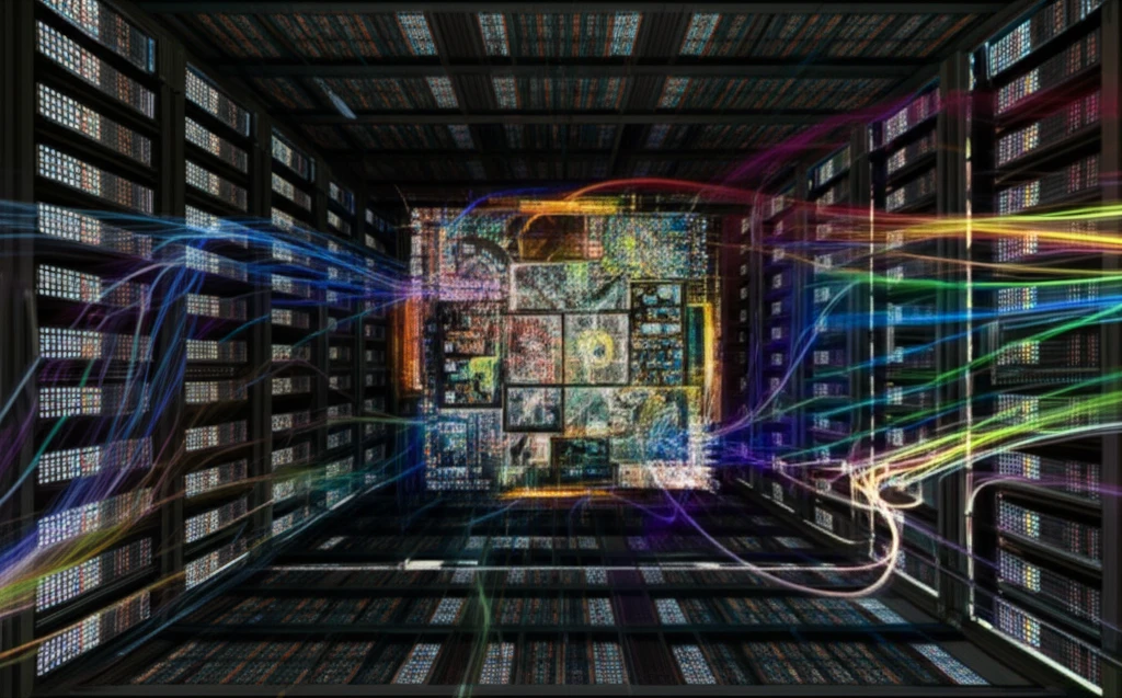 Data streams converging on a central server complex, symbolizing global scientific collaboration.