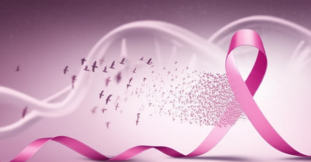 Breast cancer ribbon transforming into birds, symbolizing hope and metastasis prediction.
