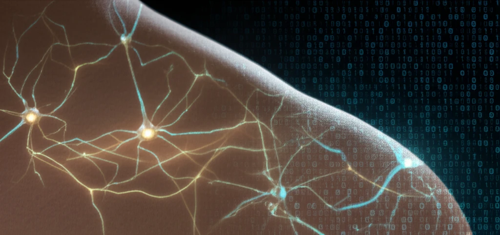 Surreal illustration of neurons overlaid on skin, representing electrodermal activity and machine learning in depression detection.