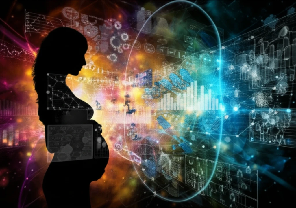Pregnant woman silhouette with data points background