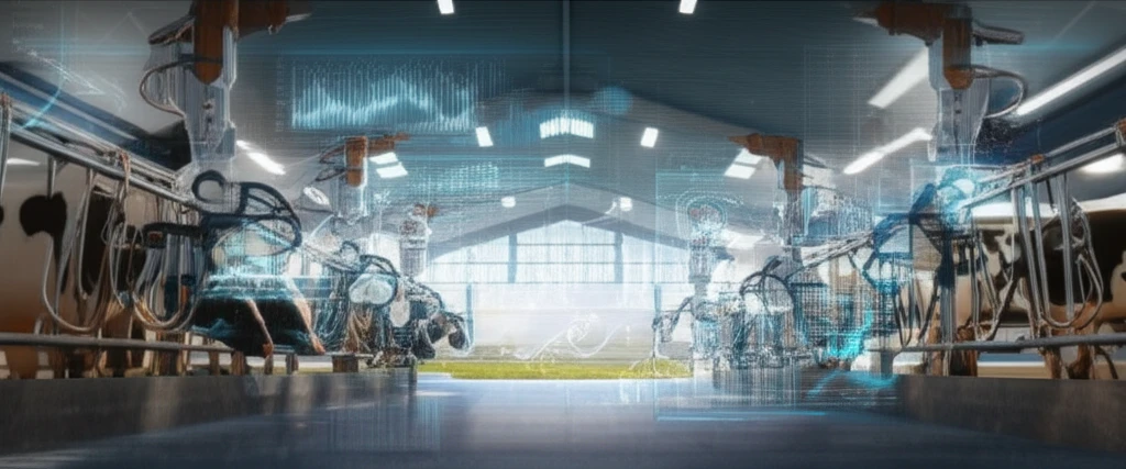 Modern dairy farm with robotic milking arms and data visualizations.