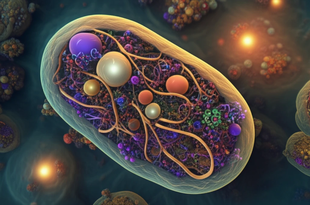 Surreal illustration of the microscopic world inside a bacterium.