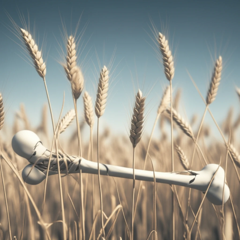 Fragile bone intertwined with wheat stalks, symbolizing the connection between osteoporosis and celiac disease.