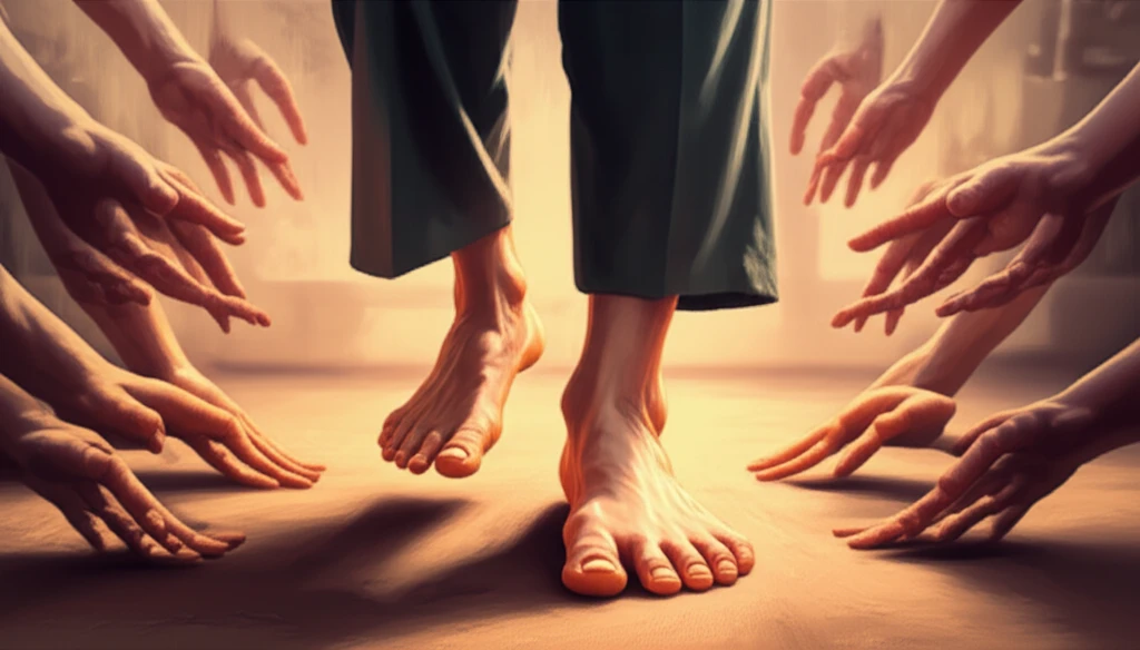 Care home resident walking confidently with healthy feet, supported by caring hands.