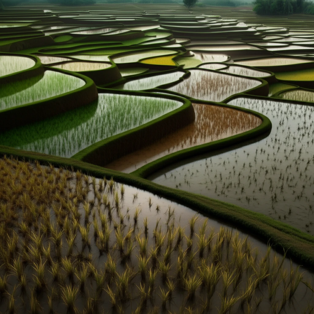 Rice paddy field with varying water depths illustrating optimal growth.