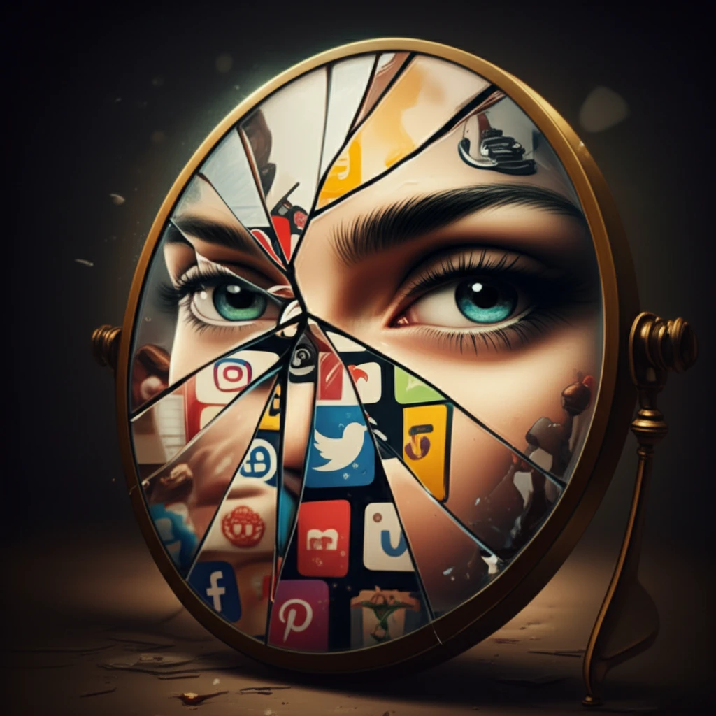 Fragmented mirror reflecting pop culture icons and social media symbols
