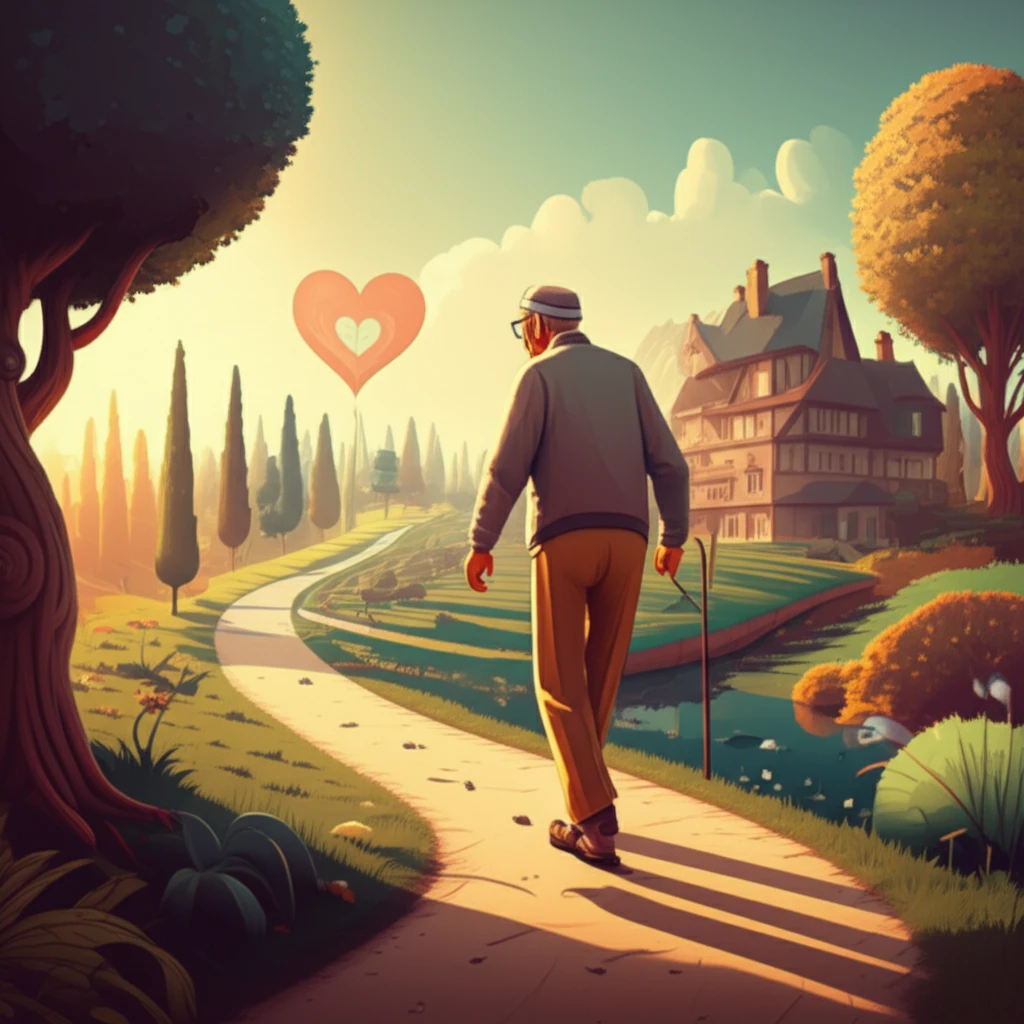 Symbolic illustration of elderly person's journey to improved health through home rehabilitation.