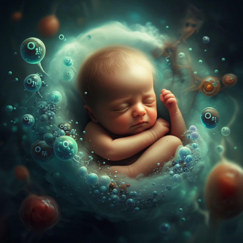 Surreal illustration of a newborn baby surrounded by oxygen molecules, symbolizing the delicate balance of oxygen and oxidative stress.