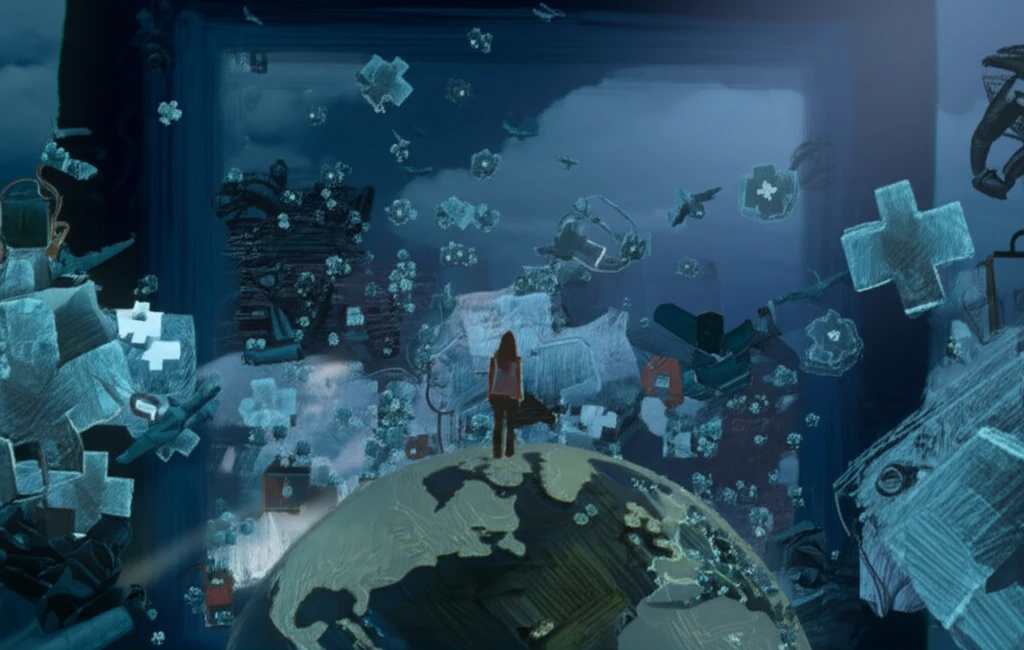 Traveler standing on a globe surrounded by health and travel symbols.