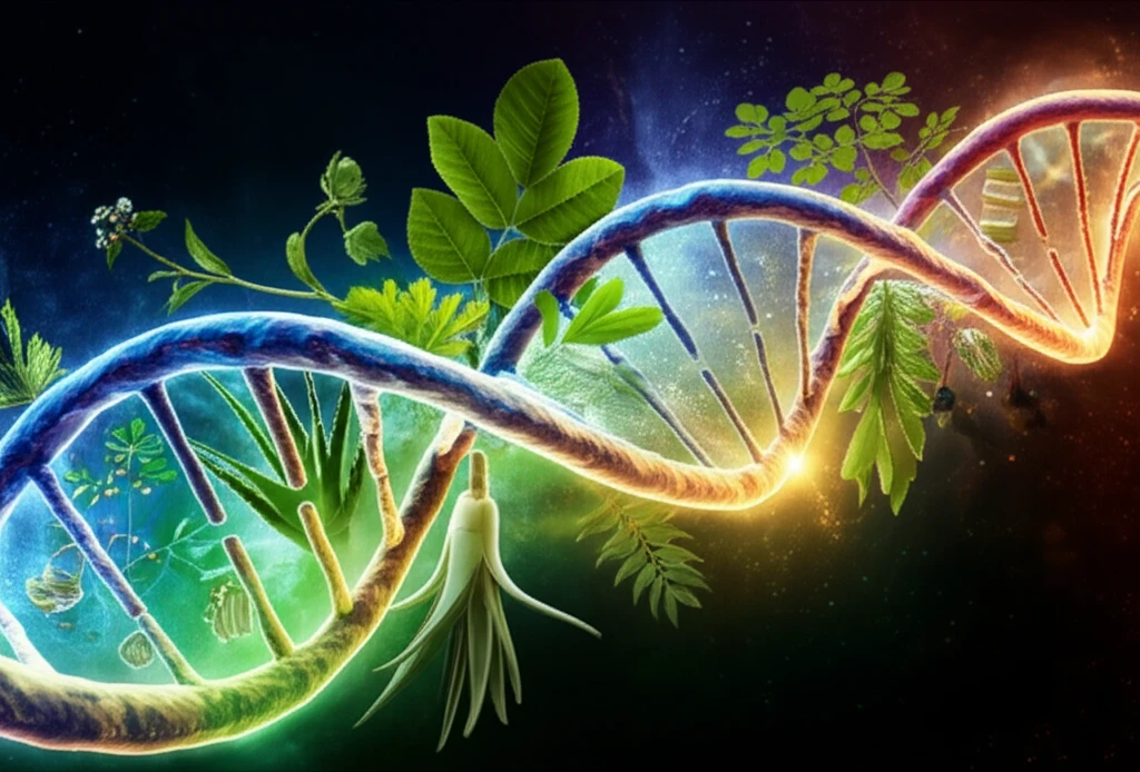 DNA strand intertwined with Nigerian medicinal plants