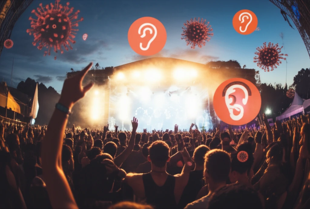 Music festival crowd with subtle health hazard symbols.