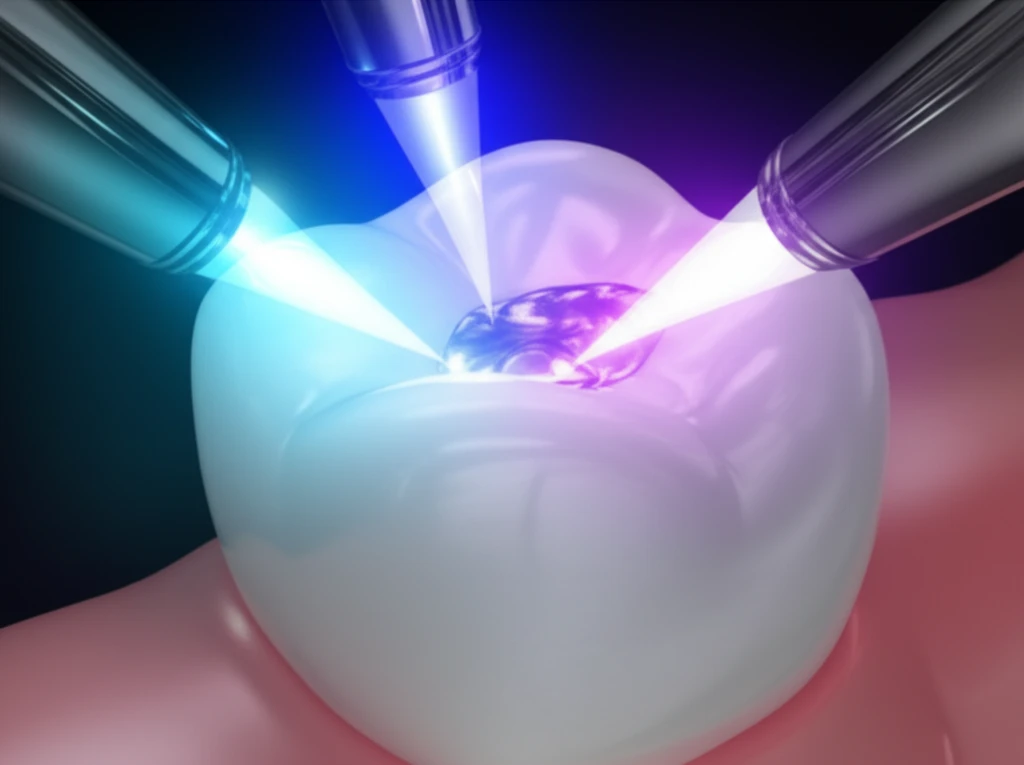 A composite filling is curing with different coloured light.
