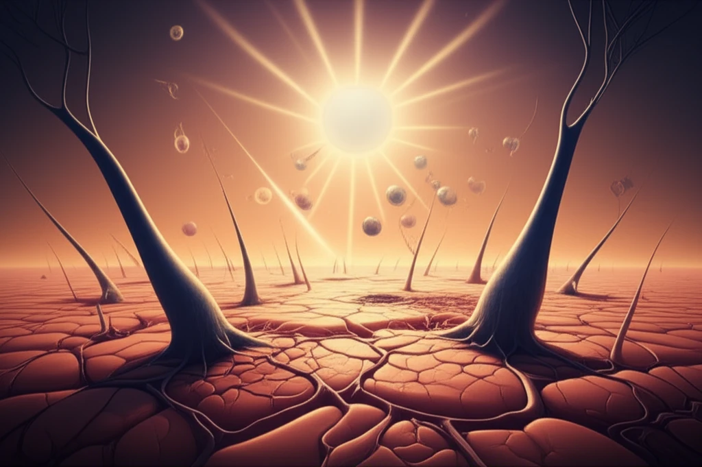 Surreal illustration depicting sunlight and pollution impacting skin health.