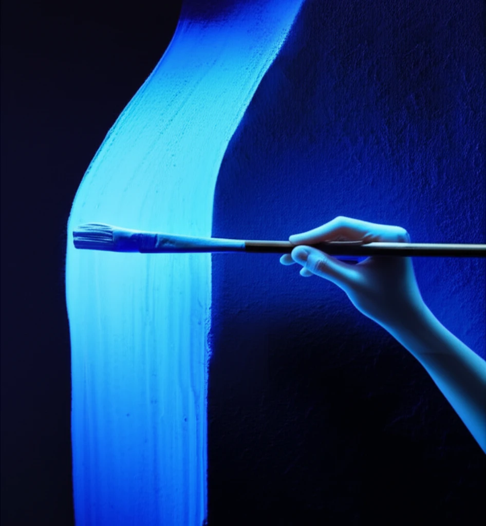 Hand painting a wall with glowing liquid phosphor.