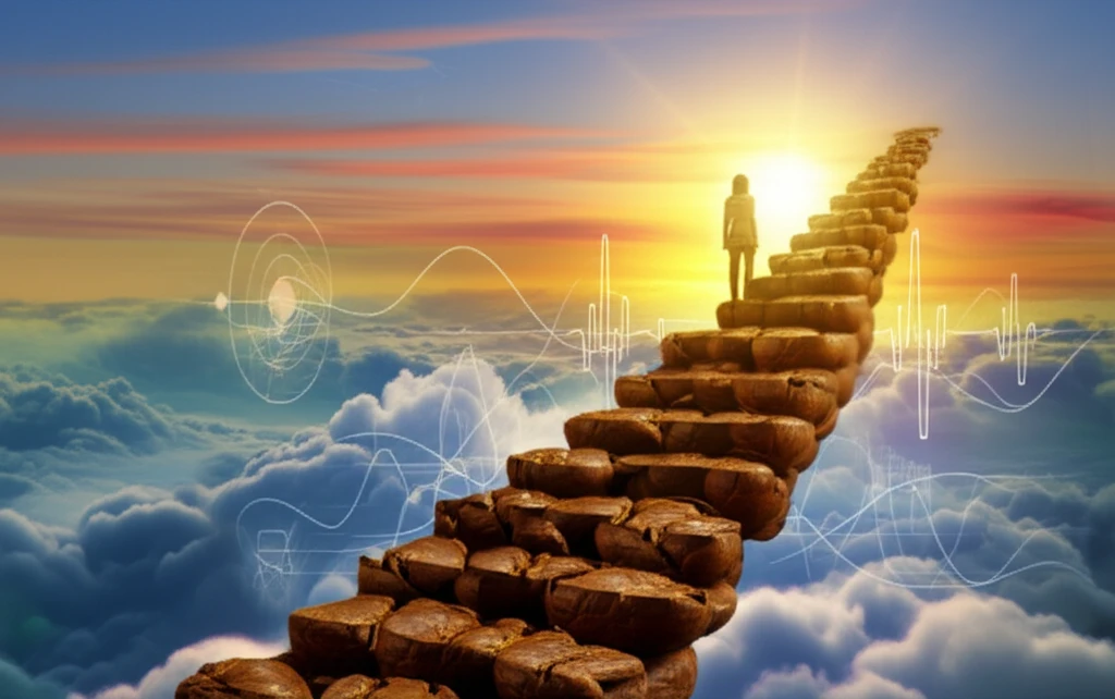 Surreal illustration of climbing a staircase of coffee beans toward sunrise, symbolizing improved wakefulness.