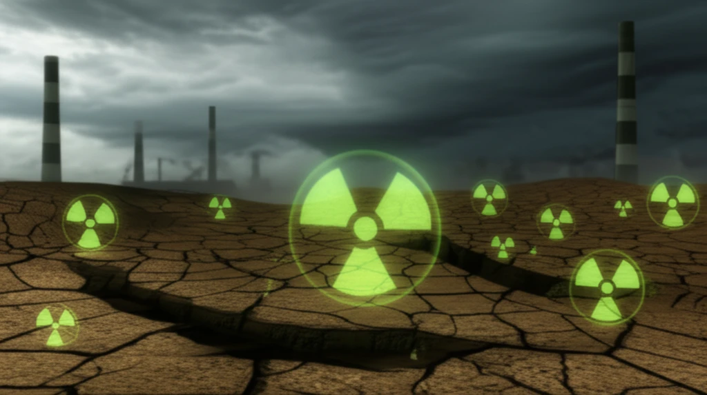 Radioactive symbols glowing faintly in cracked earth, representing industrial soil contamination.