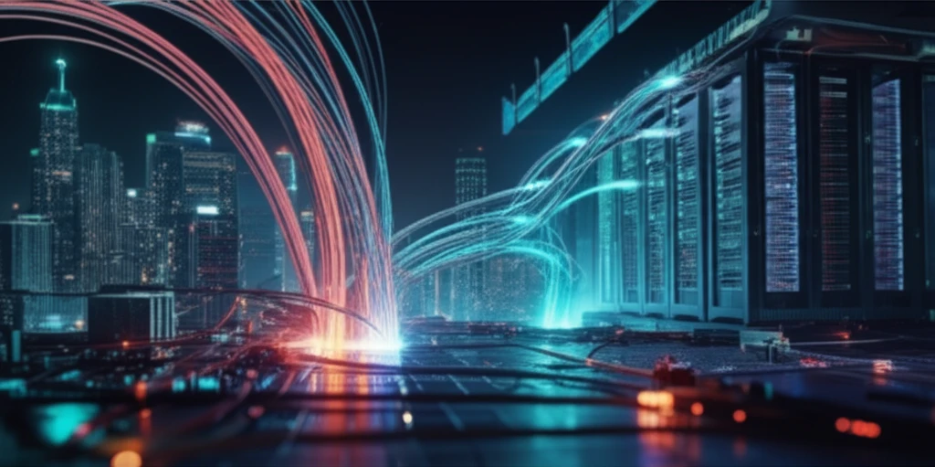 Abstract representation of fiber optic network connecting cities and data centers.