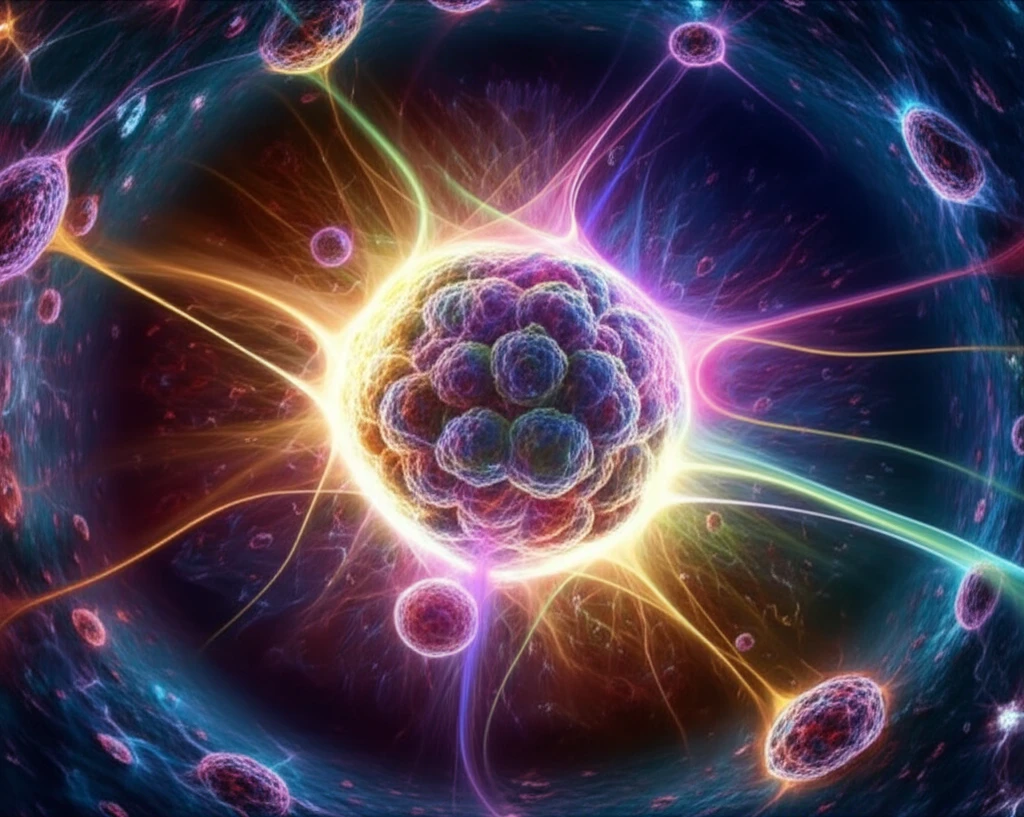 Surreal illustration of nucleons forming a dense core with energy strands.