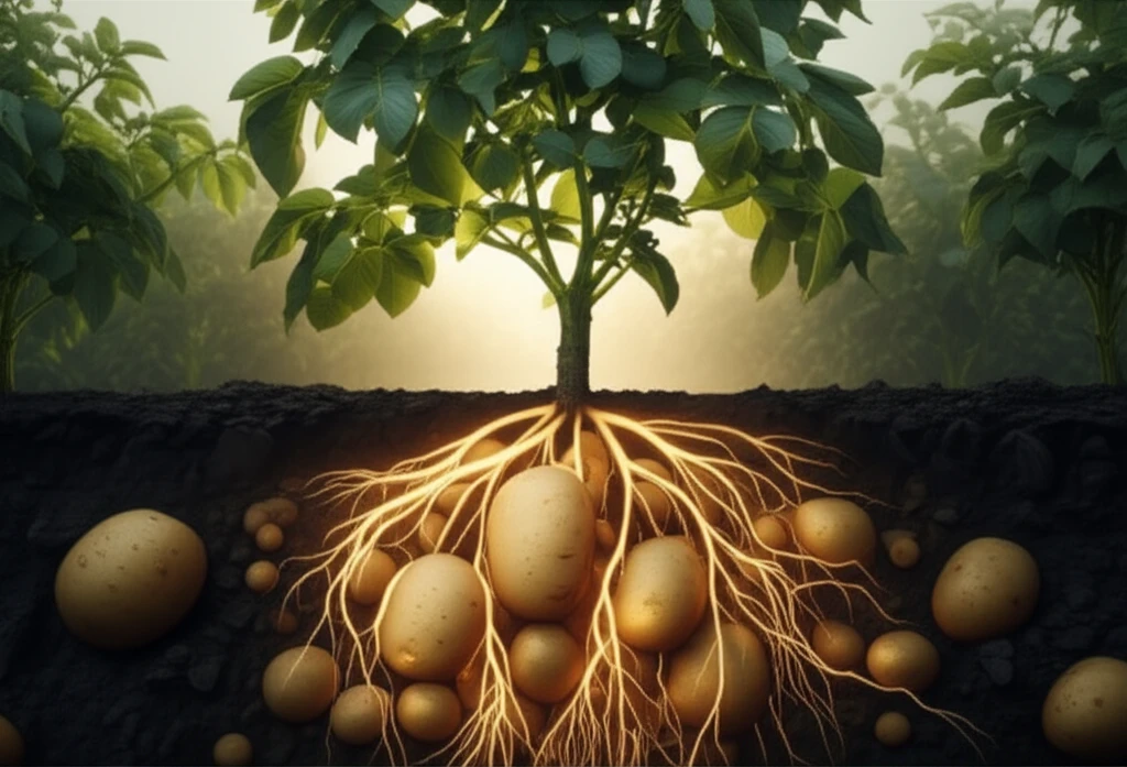Potato plant with glowing roots, partially illuminated, symbolizing the tuberization mystery.