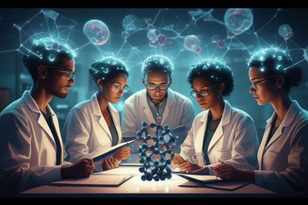 Surreal illustration of scientists collaborating on a molecular structure.