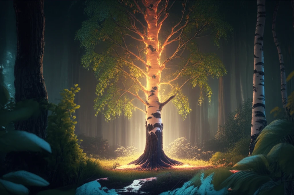Glowing transgenic birch tree in a sustainable forest.