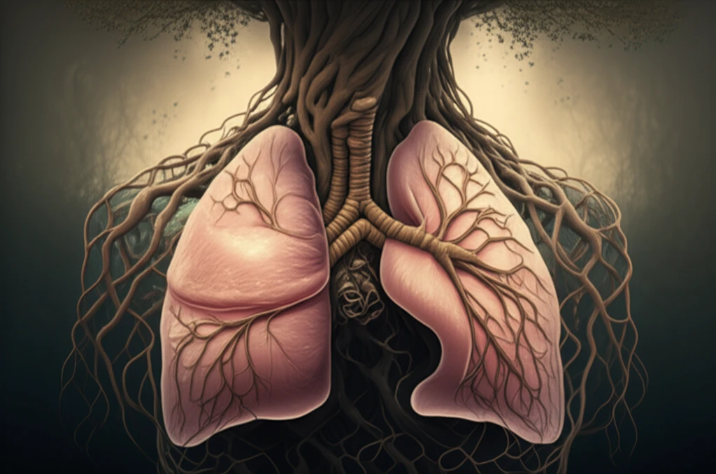 Lungs intertwined with tree roots representing the connection between movement and respiratory health.