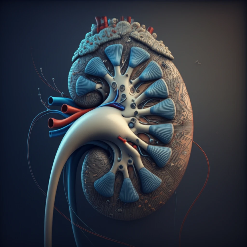 Surreal illustration of a kidney intertwined with life support circuitry.