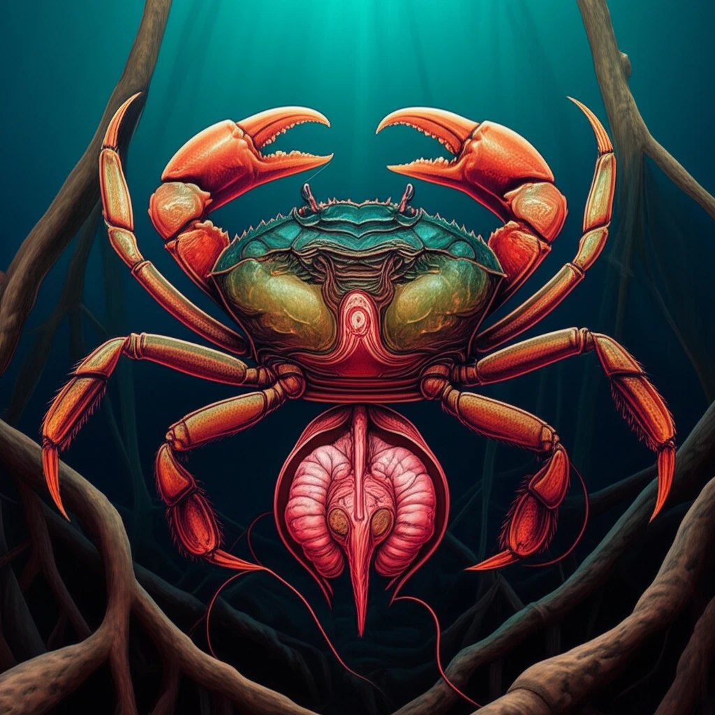 Mangrove crab reproductive system interwoven with mangrove roots.