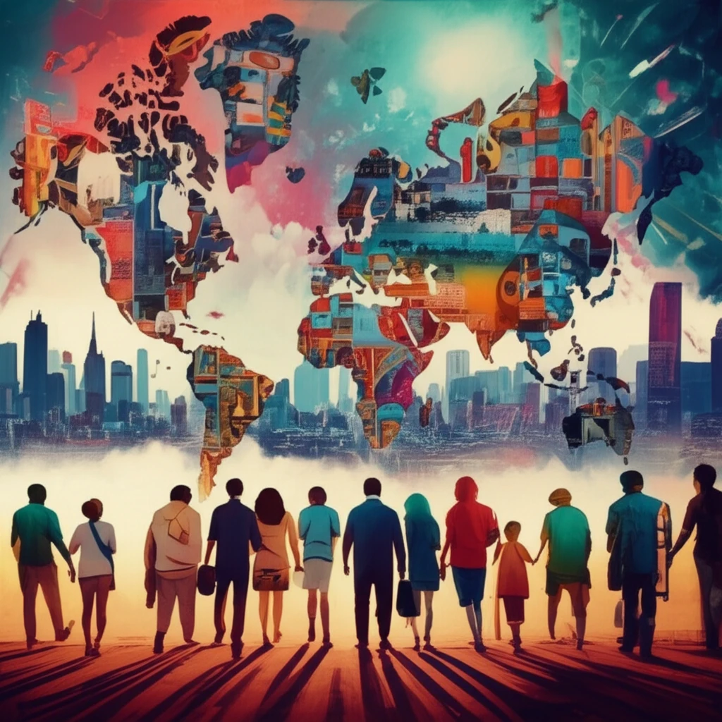 Diverse cultures blending in a global city, representing migration and cultural exchange.