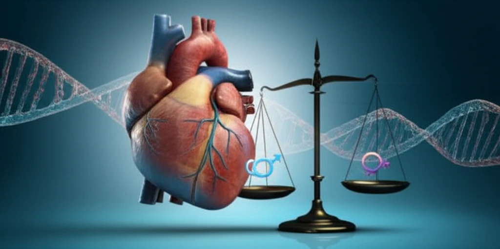Heart intertwined with DNA strands symbolizing gender differences in cardiovascular outcomes.