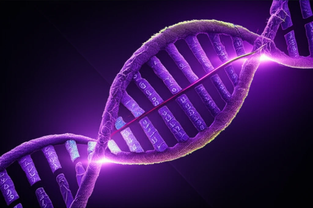 DNA strands forming a purple tea leaf, symbolizing the role of CsMYB75 and CsGSTF1 genes.