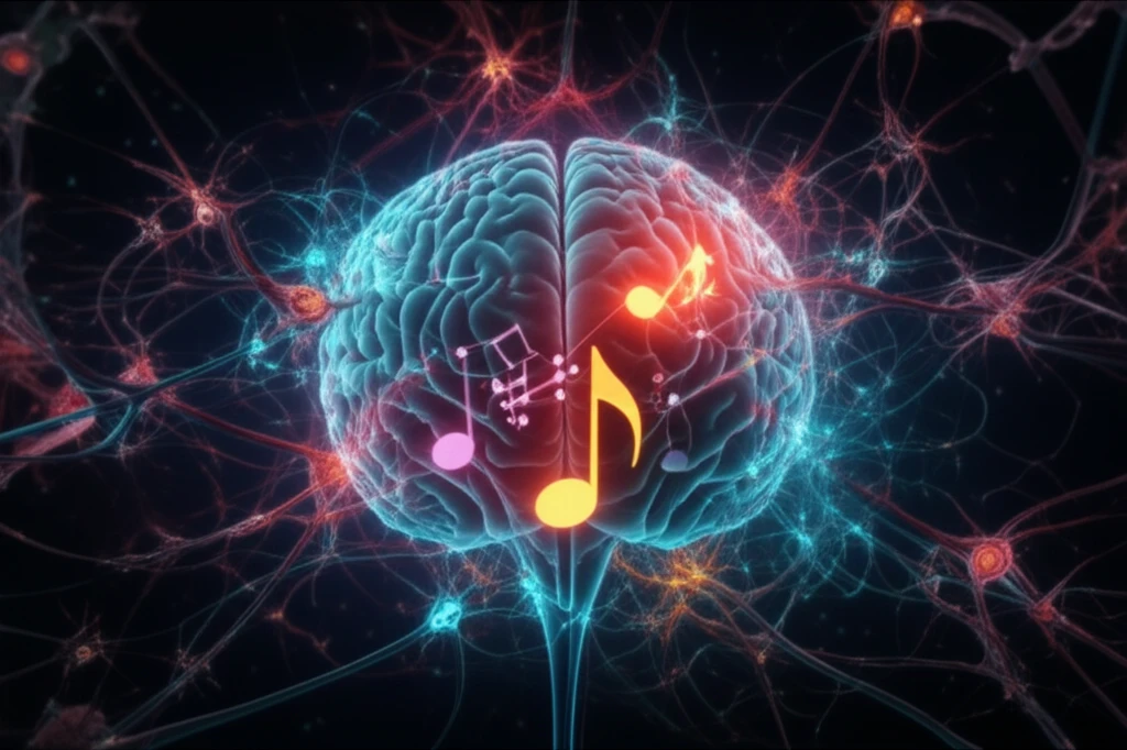 Surreal illustration of the auditory cortex detecting a discordant musical note.