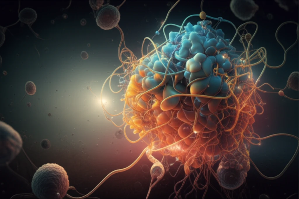 Surreal illustration of esophageal cancer cells with CDKL3 protein and ominous landscape.