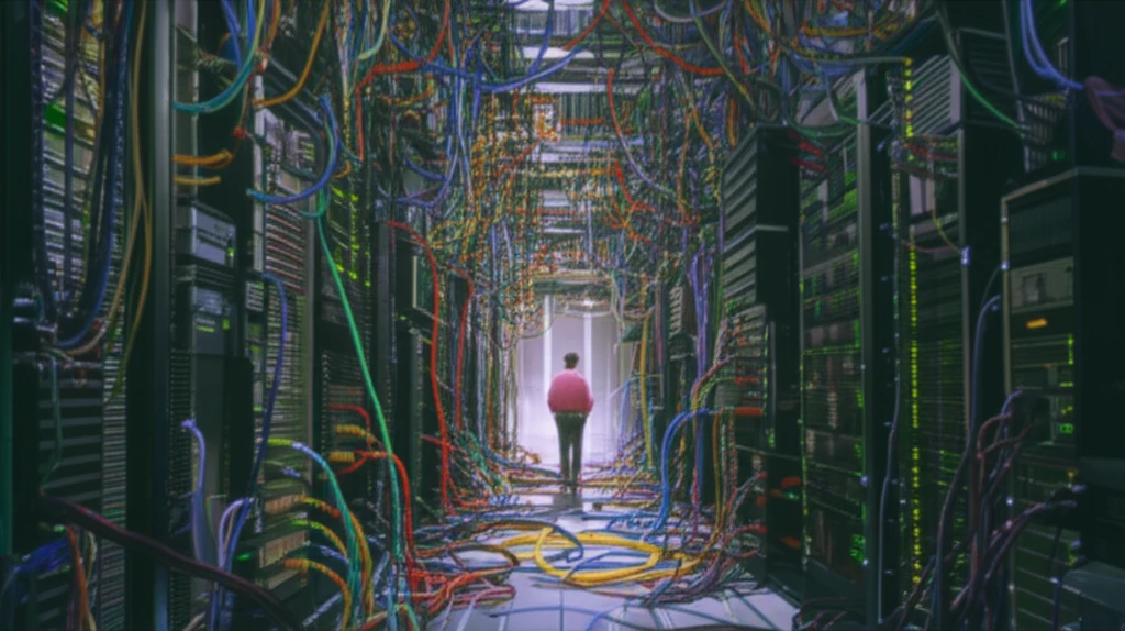 IT project manager navigating a maze of cables and servers.