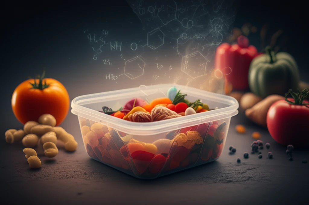 Illustration of chemicals migrating from a plastic food container into food.